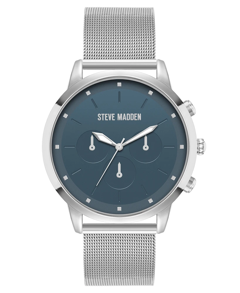 Steve Madden Men's Minimalist Blue and Silver-Tone Stainless Steel Mesh Watch, 45mm