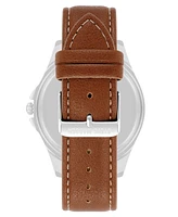 Steve Madden Men's Signature and Brown Faux Leather Silver-Tone Alloy Metal Watch, 45mm