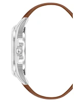 Steve Madden Men's Signature and Brown Faux Leather Silver-Tone Alloy Metal Watch, 45mm