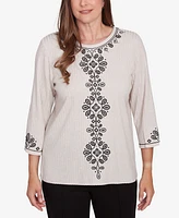 Alfred Dunner Women's Romancing the Stone Center Embroidered Medallion Textured Top