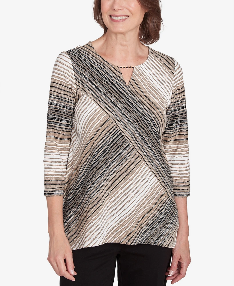 Alfred Dunner Women's Romancing the Stone Neutral Spliced Textured Stripe Top