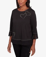 Alfred Dunner Women's Wild at Heart Asymmetric Hearts Beaded Neckline Top