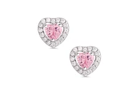 Lily Nily Girls Pink & White Cz Heart Halo Stud Earrings in Sterling Silver