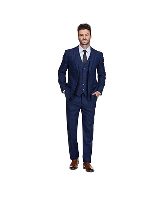 Gino Vitale Men's Slim Fit 3-Piece Blue Windowpane Plaid Suit