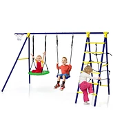 Hongge 5-In-1 Outdoor Kids Swing Set with A-Shaped Metal Frame and Ground Stake