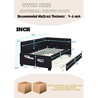 Black Upholstered Twin Size Daybed Bed Frame (Corner Bed) With Trundle, Velvet Fabric, Studding Design, No Box Spring Required, Fits Any Style!