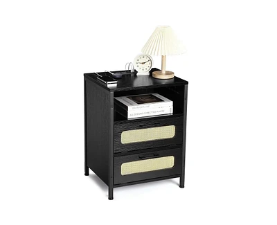 gaomon Modern Rattan Nightstand with Two Decorative Drawers, Boho End Table with Usb Charger Port, Storage Cabinet for Bedroom, Living Room, Office, D