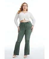 Bayeas Women's Emily High Rise Distressed Flare Pants Green