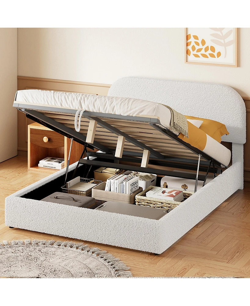 Streamdale Furniture Teddy Fleece Full Size Upholstered Platform Bed with Hydraulic Storage System, White