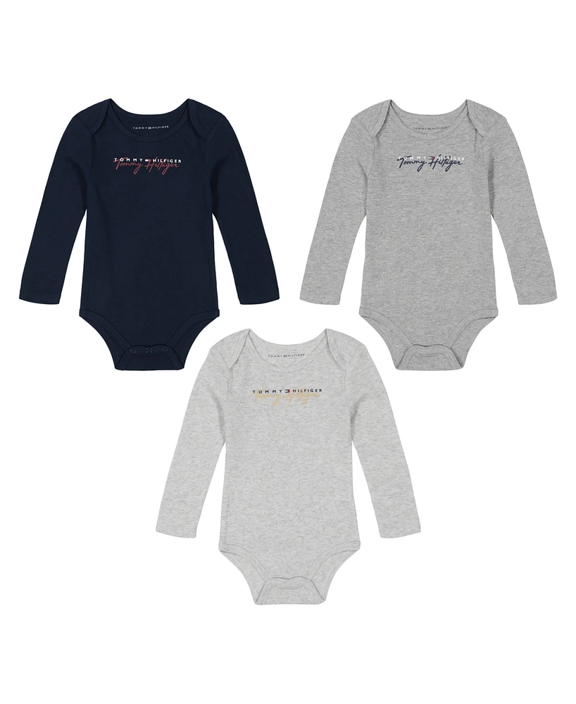 Tommy Hilfiger Baby Boy Solid Logo Long Sleeve Bodysuits, 3-Piece Set