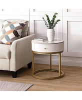 Lovmor 19.68 Inch Modern Nightstand with Drawer, Marble Round End Table with storage, Side Table for Living Room&Bedroom
