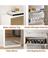 Modern Shoe Cabinet with Small Mirror Edge Gap, Mirror Shoe Rack Organizer with 3 Flip Drawers, Shoe Storage Cabinet for Entryway, Living room, Dressi