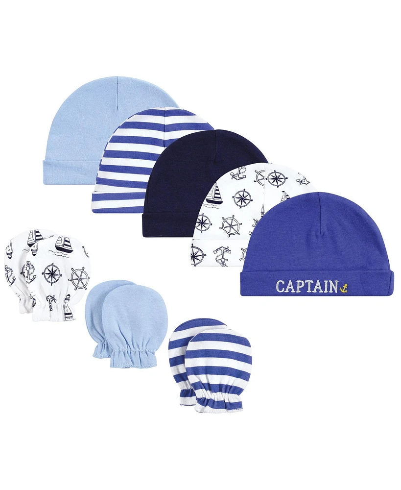 Hudson Baby Baby Boys Cotton Cap and Scratch Mitten Set, Captain, 0-6 Months