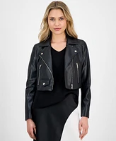 Anne Klein Women's Faux Leather Cropped Moto Jacket