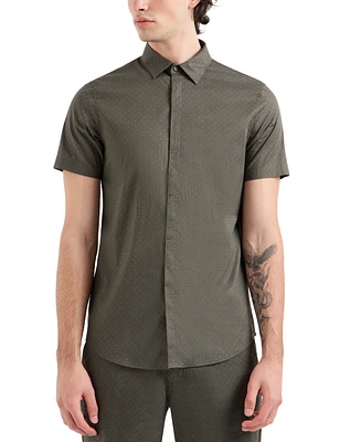 A|X Armani Exchange Men's Short Sleeve Grid-Print Stretch Button Front Shirt