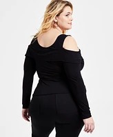 Bar Iii Trendy Plus Cold-Shoulder Long-Sleeve Top, Exclusively at Macy's