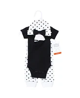 Hudson Baby Baby Girls Thermal Preemie Layette Set 4pc Short Sleeve Outfit, Black White Dots, Preemie