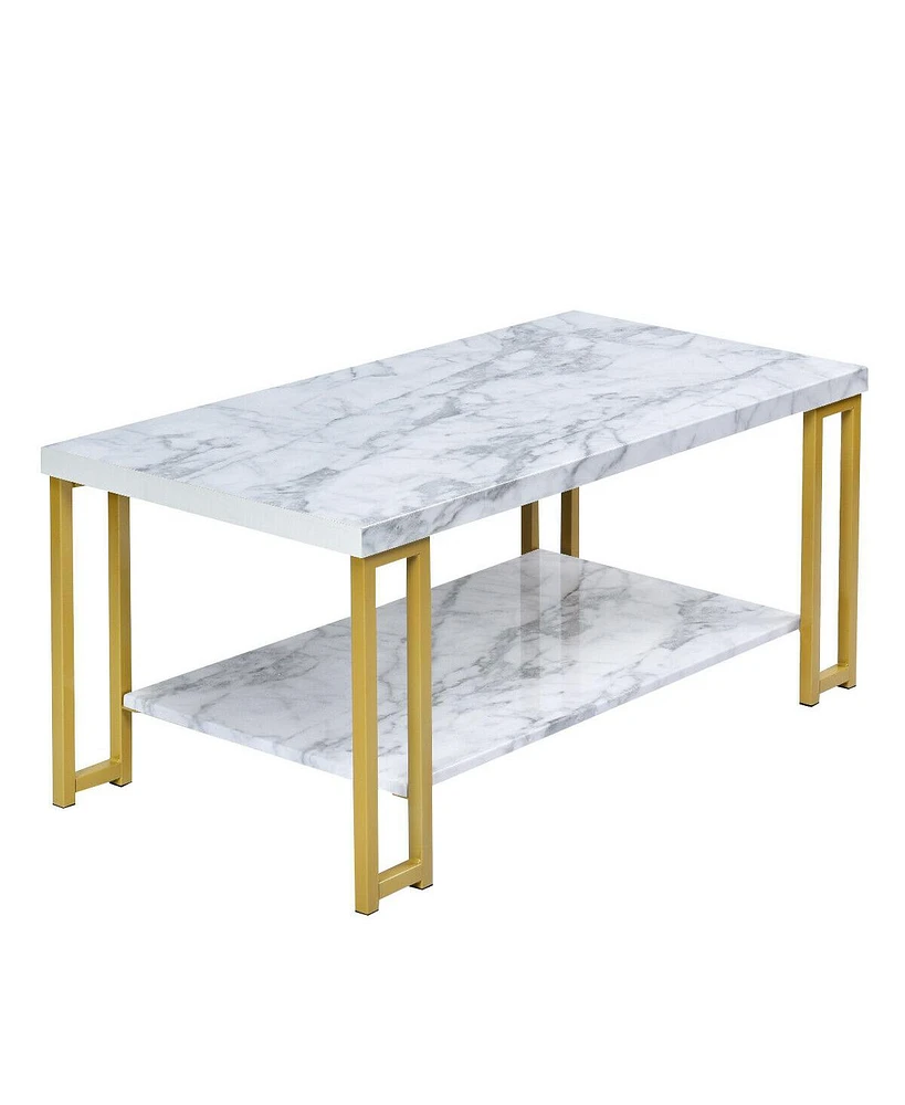 Gymax Modern Coffee Table Faux Marble Top Accent Cocktail Table w/ Gold Metal Frame