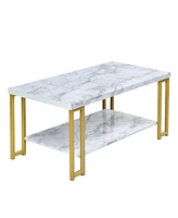 Gymax Modern Coffee Table Faux Marble Top Accent Cocktail Table w/ Gold Metal Frame