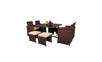 Slickblue 9-Piece Wood Grain Pe Wicker Rattan Dining Set with Tempered Glass Table Stylish Patio Furniture