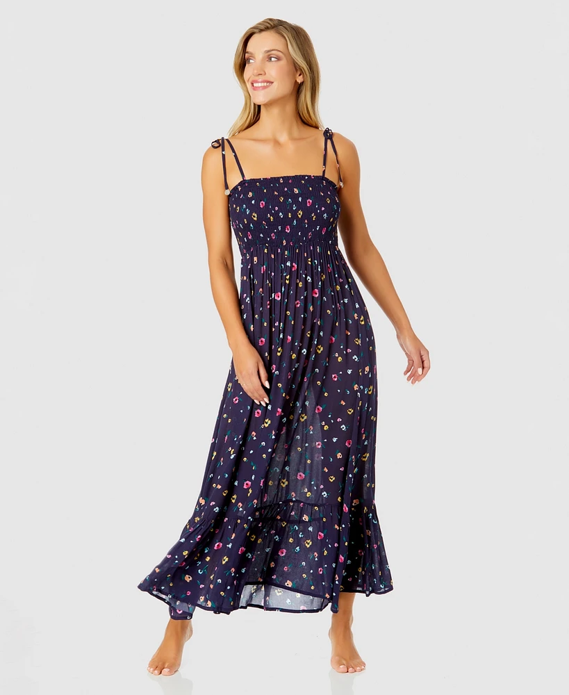 Anne Cole Women's Floral-Print Smocked Maxi Dress Swim Cover-Up