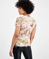 Bar Iii Women's Floral Mesh Crewneck Short-Sleeve Top, Exclusively at Macy's