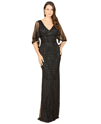 Lara Women's Cape Sleeve V-Neck Beaded Gown