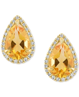 Effy Pear-Shape Citrine (2-5/8 ct. t.w.) & Diamond (1/6 ct. t.w.) Halo Stud Earrings in 14k Yellow Gold