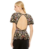 Mac Duggal Women's Floral Embellished Butterfly Sleeve Peplum Top