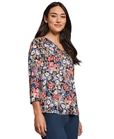 Jones New York Petite Floral V-Neck 3/4-Sleeve Top