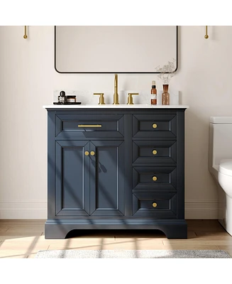 DeerValley 36'' Bathroom Vanity Ceramic Sink Top with Backsplash, Pre-assembled Bathroom Cabinet Navy Blue