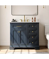 DeerValley 36'' Bathroom Vanity Ceramic Sink Top with Backsplash, Pre-assembled Bathroom Cabinet Navy Blue