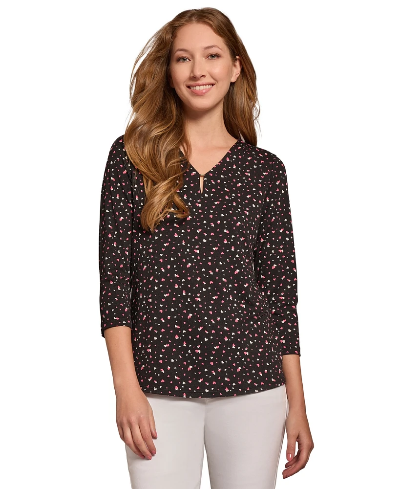 Jones New York Petite Heart-Print V-Neck 3/4-Sleeve Top