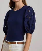 Lauren Ralph Women's Eyelet Jersey Puff-Sleeve Tee