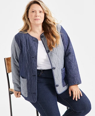 Style & Co Plus Quilted Colorblocked Chambray Jacket, Exclusively at Macy's