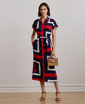 Lauren Ralph Lauren Women's Anchor-Print Belted Crepe Shirtdress