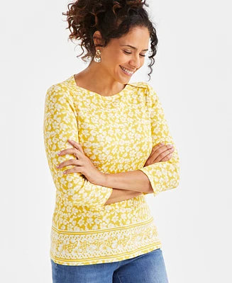 Style & Co Petite Classic Fleur Cotton 3/4-Sleeve Top, Exclusively at Macy's