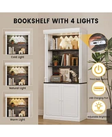 gaomon Tall Storage Bookcase with 3-Tier Open Shelves and Double Door, Roman Column Design and 4 Adjustable Lights