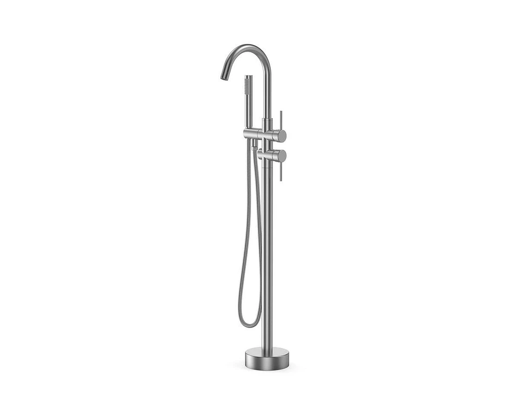 gaomon Freestanding Tub Filler Bathtub Faucet Brushed Nickel Floor Mount Two Handles Brass Faucets with Hand Shower