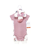 Hudson Baby Baby Girls Thermal Preemie Layette Set 4pc Short Sleeve Outfit, Dusty Rose Floral, Preemie