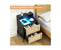 gaomon Rattan Nightstand, Nightstand with Charging Station with and Led Lights, Bedside Table with Usb Ports and Outlets, Rattan Drawer, Black Nightst