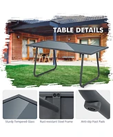 Sugift 4 Pieces of Metal Patio Furniture Chat Set with Tempered Glass Coffee Table