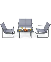 Sugift 4 Pieces of Metal Patio Furniture Chat Set with Tempered Glass Coffee Table