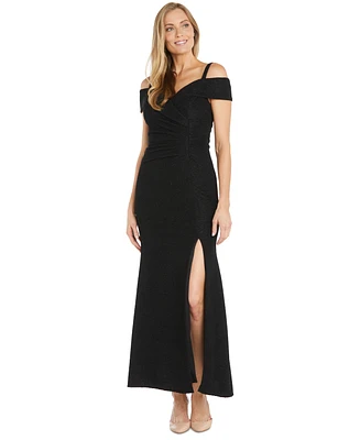 R & M Richards Women's Off-The-Shoulder Gathered Side-Slit Gown