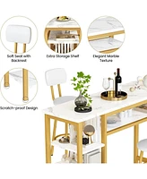 gaomon Bar Table and Stools for 2 with 3 Storage Shelves, Modern White Faux Marble Table with 2 Pu Cushion Bar Stools