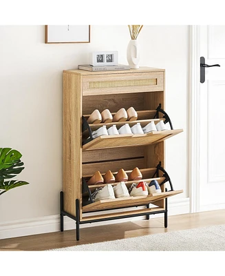 gaomon Natural Rattan Shoe Cabinet, 2 Flip Door Shoe Rack with a Drawer, Modern Freestanding Shoe Organizer