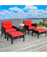 Vebreda 5 Pieces Patio Rattan Sofa Ottoman Furniture Set with Cushions