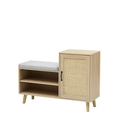 gaomon Natural Rattan Shoe Storage Bench with Upholstered,2-in-1 Shoe Cabinets with Adjustable Shelf