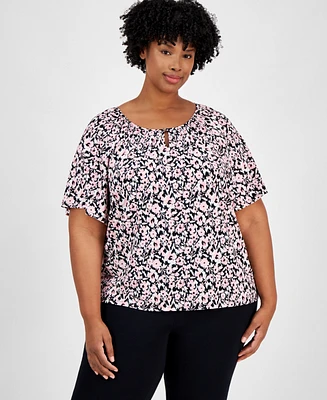 Ak Anne Klein Plus Size Printed Short Sleeve Blouse