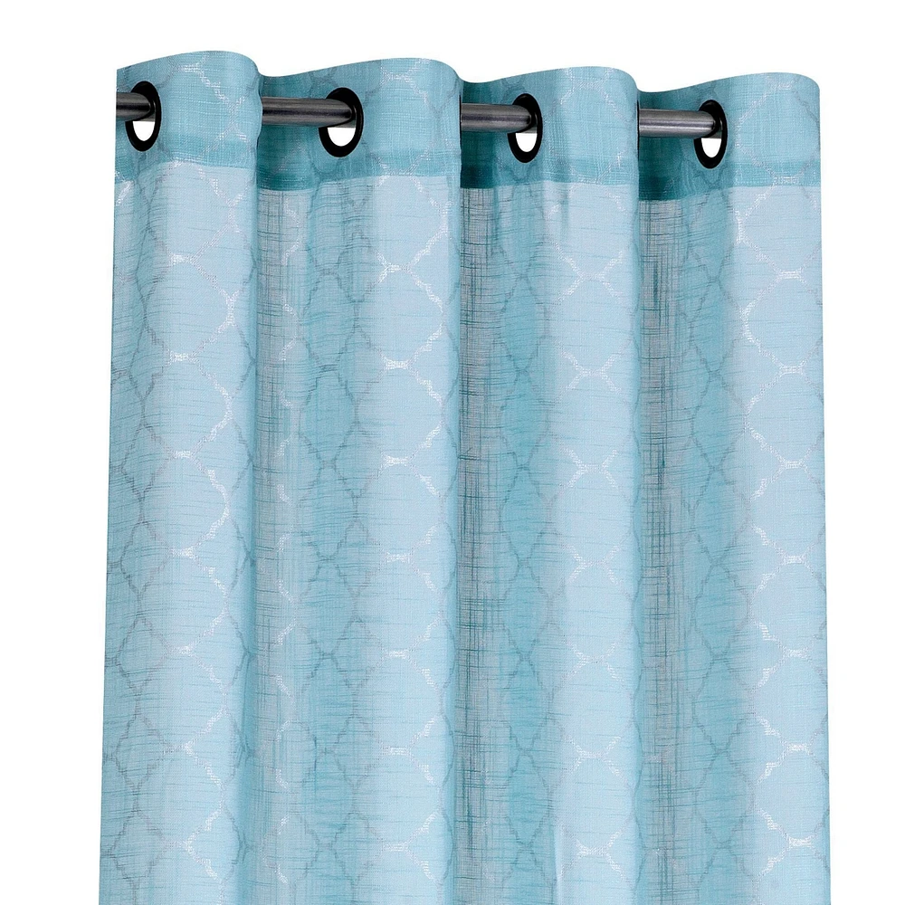 Kate Aurora 2 Piece Silver Sparkly Semi Sheer Trellis Quatrefoil Grommet Top Window Curtain Panels